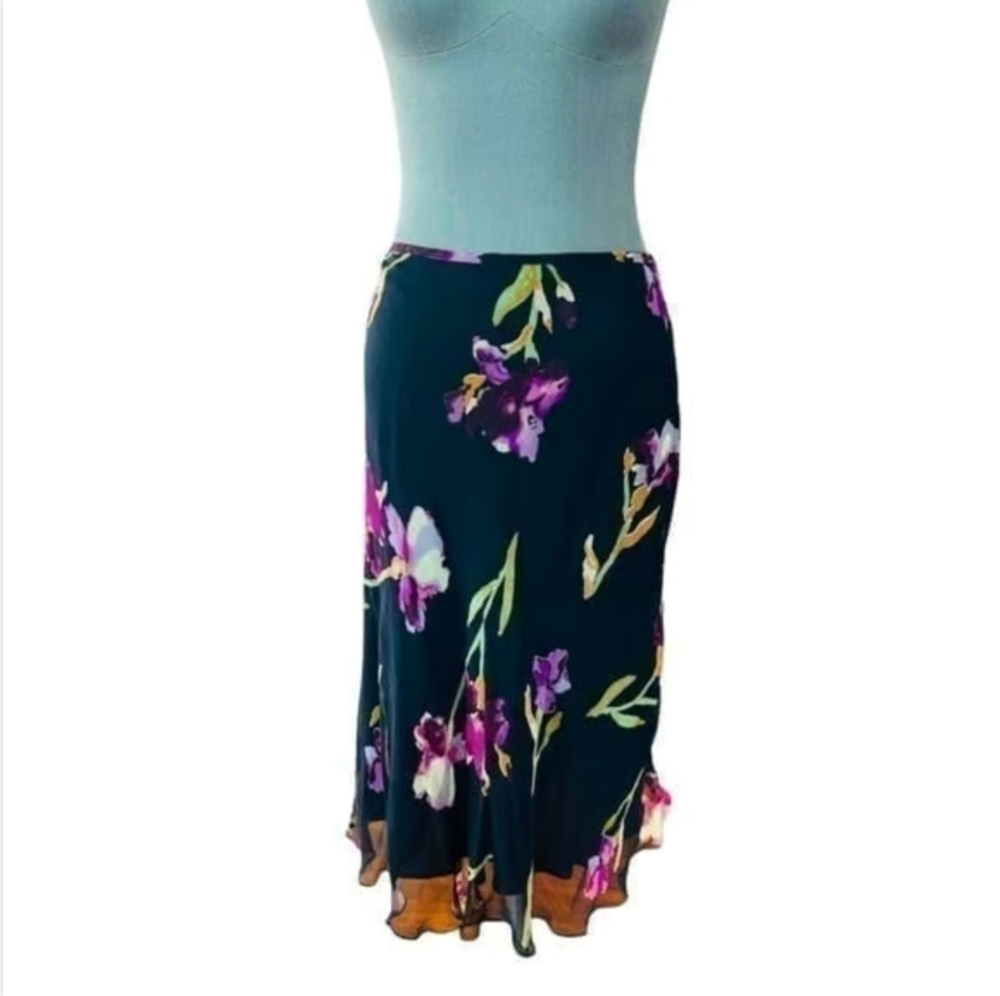 TESS Iris Floral Silk Skirt S 10 Black Multicolor Sheer Midi Skirt Lightweight - Picture 2 of 6
